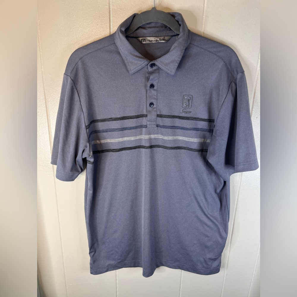 Travis Mathew Polo Shirt Medium Blue Grey Golf Lightweight TPC Sawgrass PGA Mens